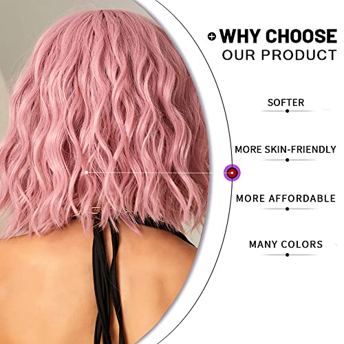 Esmee Short Wave Pink Bob Wigs With Bangs Shoulder Length Wig Curly Wavy Synthetic Cosplay Wigs for Women-12 Inches