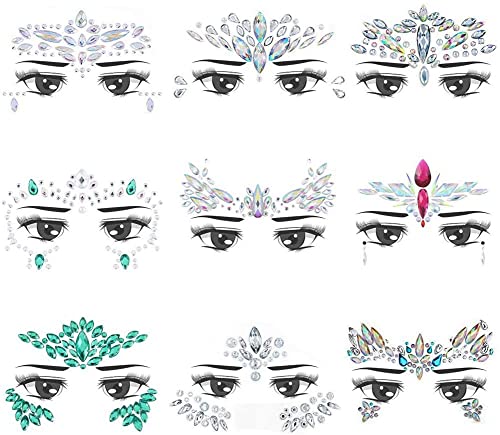 Face Gems, 9 Pcs Women Face Crystal Face Glitter Rhinestone Bindi Temporary Tattoo Face Eyebrow Body Stickers for Rave Festival Party