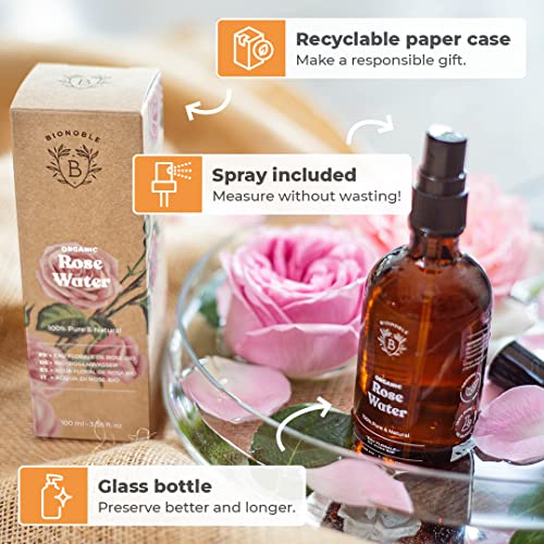 Bionoble Organic Rose Water 100ml - 100% Pure and Natural Damask Rose Hydrolat - Face, Eye Contour, Body, Hair - Glass Bottle + Spray