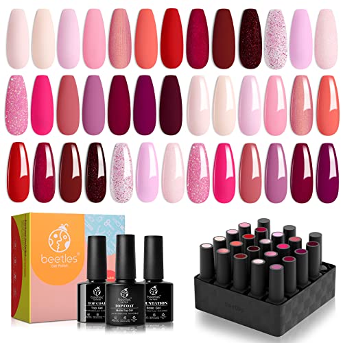 Beetles 20 Pcs Gel Nail Polish, Manhattan Soak Off Nail Polish Set Nude Glitter Burgundy Red Purple Gold Starter Kit with Glossy & Matte Top Base