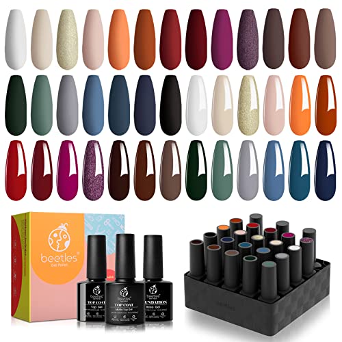 Beetles 20 Pcs Gel Nail Polish, Manhattan Soak Off Nail Polish Set Nude Glitter Burgundy Red Purple Gold Starter Kit with Glossy & Matte Top Base