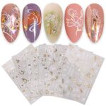 9 Sheets Spring Leaves Nail Art Stickers Decals Self-Adhesive Abstract Face Wings Eye Geometry Flowers Floral Patterns DIY Summer Design Nail Art
