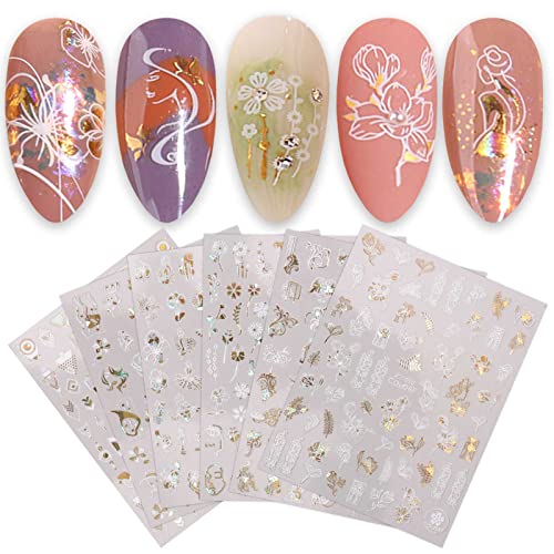 9 Sheets Spring Leaves Nail Art Stickers Decals Self-Adhesive Abstract Face Wings Eye Geometry Flowers Floral Patterns DIY Summer Design Nail Art