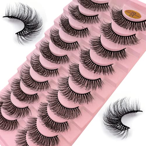 False Eyelashes Russian Strip Lashes 10 Pairs Reusable Natural Look 7D Faux Mink Lashes Fluffy Volume Wispy Fake Eyelashes Handmade Thick Soft Lo
