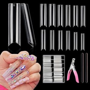 Yokilly 240PCS XXL False Nails,Extra Long C Curve Fake Nails,12 Sizes Half Cover Clear Nail Tips,Square Press on Nails Acrylic Nails with Nail Cu