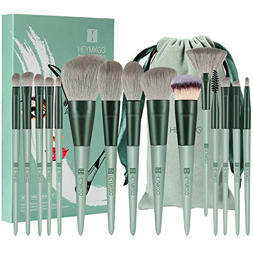 Makeup Brushes HEYMKGO 15pcs Premium Synthetic Bristles Green Conical Handle Kabuki Foundation Brush Makeup Sets Professional Portable Flannel Ba