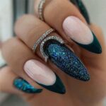 24pcs French Tip False Nails Almond Stick on Nails Glitter Dark Green Press on Nails Removable Glue-on Nails Full Cover Fake Nails Women Girls Na