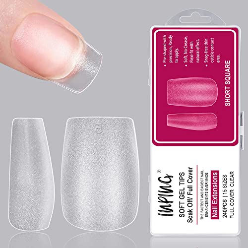 INPING No File Nail Tips, 240PCS Soft Gel Full Cover Nail Tips, Double-Sided Matte Pre-Buff Break Resistant Short Gel Tips for Nail Extensions, F