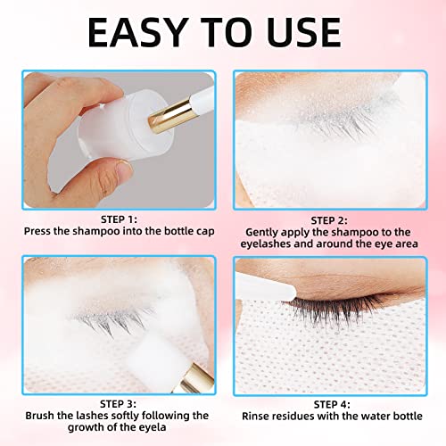 MULAFEE Eyelash Extension Cleanser, Lash Extension Shampoo Kit, Oils, Paraben & Sulfate Free Foaming 60 ML Eyelash Shampoo with Rinse Bottle and