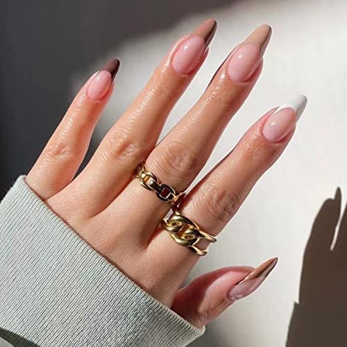 JUSTOTRY 24 Pcs Stiletto False Nails Medium with Jewels,Beige French Press on Nails Pattern,Fake Nails Short with Nail Glue,Almond Stick on Nails