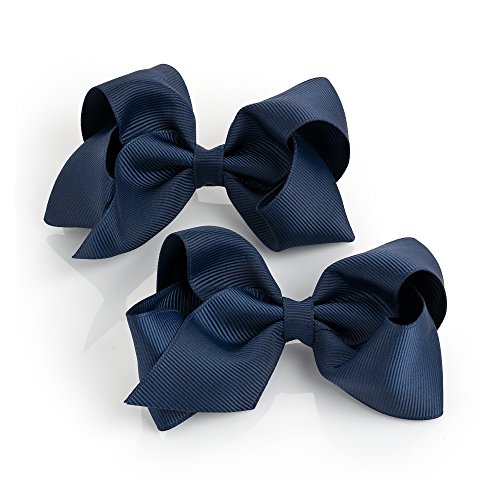 Card of 2 Hair Bow Clips Girls Hair Grips for School Wear Hair Clips Ribbons (Bottle Green)