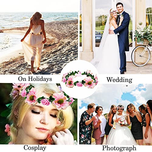 Flower Crown Headband,Pink Festival Accessories Headbands for Women's Hair,Girls Hair Accessories Flower Hair Clips Crown Headband,Floral Wreath