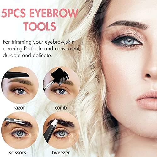 Gibot Eyebrow Set, 5pcs Stainless Steel Eyebrow Grooming Kit with Tweezers, Scissors, Eyebrow Brush Comb, Eyebrow Pencil, Razor and Travel Case f