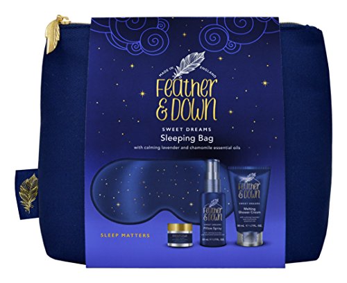 Feather & Down Sleeping Bag Gift Set (luxury eye mask, sleep balm, pillow spray and shower cream) - with calming lavender & chamomile essential o
