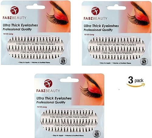 Ultra Thick Knotted Individual Cluster Eyelashes False Lashes Fabz Beauty (Pack of 3 - Long 12mm)