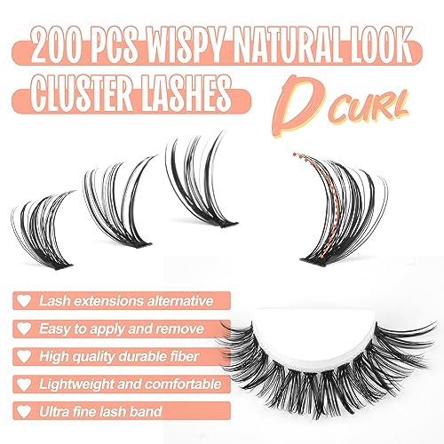 Lash Clusters 200Pcs Individual Lashes DIY Eyelash Extension D Curl Natural Look Wispy Clusters Lash Extension 8-16mm Mix Tray Fluffy Soft Faux M