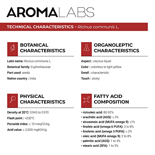 ORGANIC - CASTOR Oil - 250mL - 100% Pure, Natural, Cold Pressed And Cosmos Certified - AROMA LABS (French Brand)