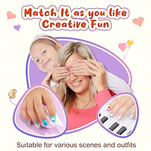 Children Press On False Nails, 144 Pcs 6 Pack Children Acrylic Fake Nails Press on Pre-glue Full-Cover False Nail Art Kits with 2 Nail Files for