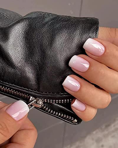 LADYING 24 Pcs Gel False Nails Short,Square Soft Gel Press on Nails French Pattern,Gradient White Fake Nails Short with Nail Glue, UV Finish Squo