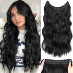 Halos black Hair Extensions with Transparent Wire, Invisible Wire Hair Extensions with 5 Adjustable Sizes, 20 Inch Synthetic Long Wavy Hair Piece