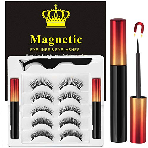 Magnetic Eyelashes with Eyeliner,2 Tubes of Magnetic Eyeliner and Updated 5 Pairs Magnetic Eyelashes Natural Look, Reusable Magnetic Lashes with