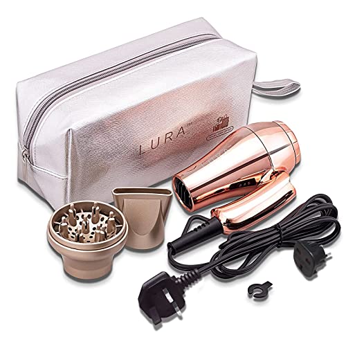 LURA Travel HairDryer Dual Voltage 1000W Blow Dryer with Diffuser UK Plug Mini Hairdryer with Folding Handle Small Hairdryer with Concentrator Tr