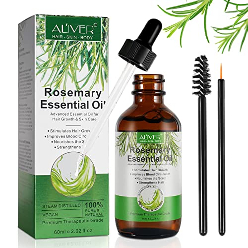 Rosemary Oil for Hair Growth 60ml, Pure Rosemary Essential Oil for Eyelashs, Eyebrows, Face, Skin Care, Body Massage, Aromatherapy, Hair Loss Tre