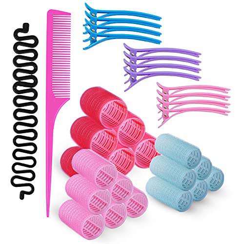 Rollicky Velcro Hair Rollers Set (32Pcs) - 18 Self Grip Velcro Hair Rollers for Hair Volume & Styling (6 Small, 6 Medium, 6 Large), 12 Duckbill H