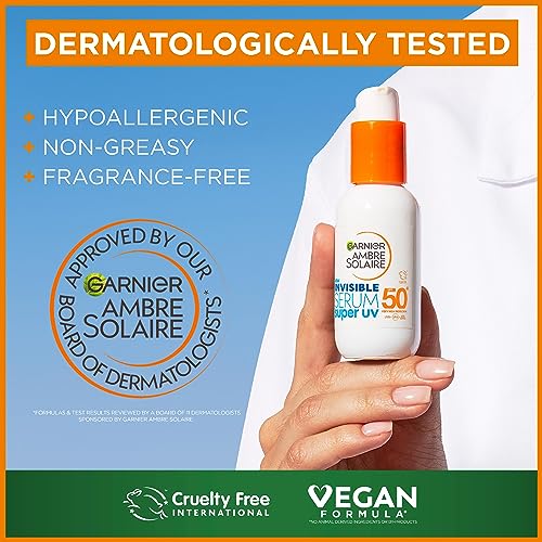 Garnier Ambre Solaire SPF 50+ Super UV Invisible Serum Moisturiser for Face, High Protection Against UVA & UVB, Sun Cream for all Skin Types, Wit