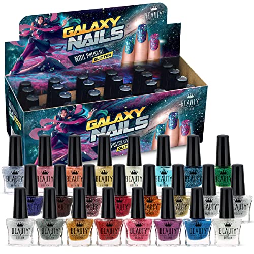 Beauty4Britain 24 x Glitter Nail Polish Set 24 Distinctive Shades 5 ML Contrasting Black Caps UK Seller