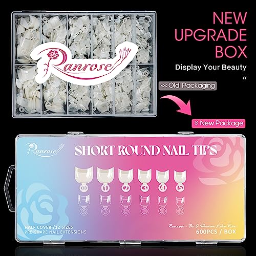 Ranrose Short Nail Tips- 600PCS Oval Half Cover False Tips 12 Sizes Round Acrylic Nails With Box