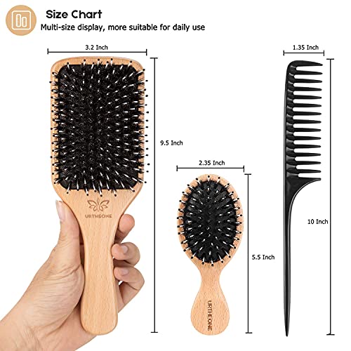 Boar Bristle Hair Brush and Comb Set for Women Men Kids, Best Natural Wooden Paddle Hairbrush and Small Travel Styling Brush for Wet or Dry Hair