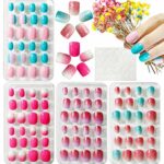 Kalolary 96PCS Kids False Nail, Children Nails Press on Pre-glue Full Cover Gradient Color Short False Nail Kit with 1pcs Nail Glue Sticker, Love