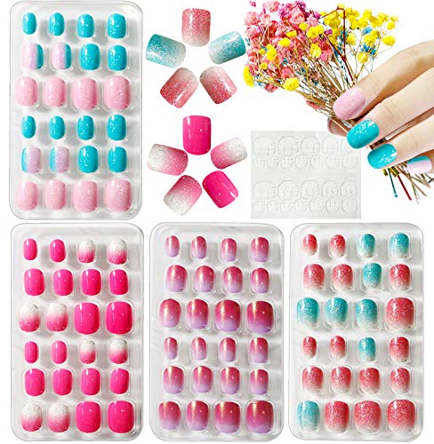 Kalolary 96PCS Kids False Nail, Children Nails Press on Pre-glue Full Cover Gradient Color Short False Nail Kit with 1pcs Nail Glue Sticker, Love