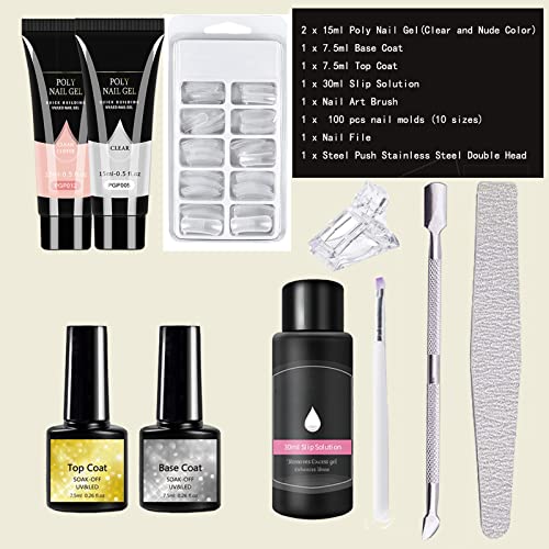 Nail Extension Kit, Gel Nail Kit Builder 2 Colors Poly Extension Gel False With Slip Solution , All-In-One Nail Gel Kit For Beginners Nail Art Fr