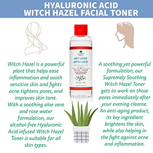 Nature Spell Witch Hazel Facial Toner with Hyaluronic Acid, Aloe Vera & Rose Water 200 Ml - Anti Aging Facial Toner - Alcohol Free Formulation -