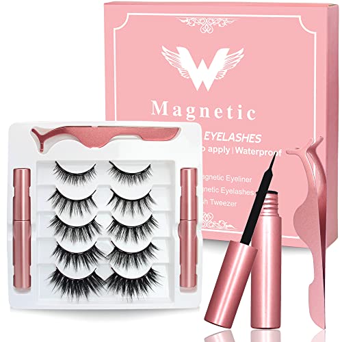 Magnetic Eyelashes, Eye Lashes With 5 Pairs of Magnetic Lashes - 2 Tubes of Magnetic Eyeliner, Reusable Magnetic Eyelashes with Tweezers, No Glue