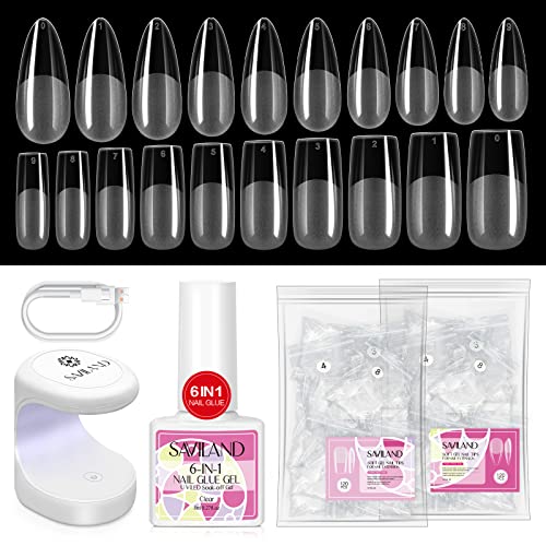 Saviland Extension Gel Nail Kit 240PCS Medium Almond & Medium Square Clear Full Cover Soft Gel Nails Tips 6-in-1 Nail Glue Gel Fake Nails Extensi