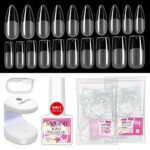 Saviland Extension Gel Nail Kit 240PCS Medium Almond & Medium Square Clear Full Cover Soft Gel Nails Tips 6-in-1 Nail Glue Gel Fake Nails Extensi