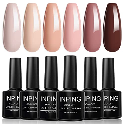 INPING Gel Nail Polish, 6 Colors Nude Gel Polish Bare Apricot Light Beige Natural Skin Dark Brown Popular Collection Soak Off UV/LED Lamp Manicur