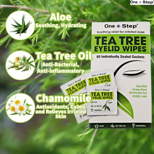 One Step Tea Tree Oil Eyelid Wipes, 60 Sachets, Natural, Aloe, Chamomile Daily Cleanser, Soothe, Relieve for Dry, Irritated, Tired, Itchy Eyes