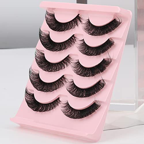 Newcally Eyelashes Russian Strip Lashes Natural Wispy Fluffy Thick Fake Eyelashes Plant Fiber Cat Eye 3D False Eye Lashes 5 Pairs Pack