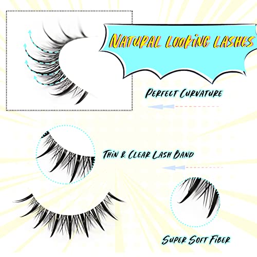 EMEDA 10 Pair Manga Lashes 5 Styles Mixed Anime Lashes 100% Handmade Transparent Band Manga Eyelashes Natural Look Spiky Manga Lashes Wispy Hybri