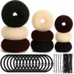 9 Pieces Donut Hair Bun Maker Shaper Foam Sponge Doughnut Bun Ring Style Set with 12 Pieces Hair Elastic Bands Ties and 32 Pieces Hair Bobby Pins