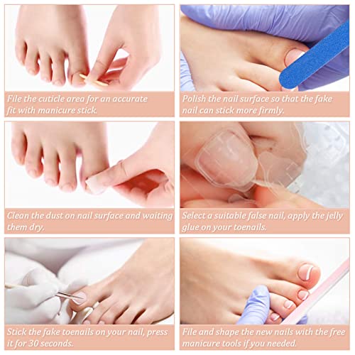 French False Toenails Tips with Glue, 96Pcs Full Cover Short Fake Toe Nails, 12 Sizes French Artificial Acrylic Toe Nails with Nail Files, Stick
