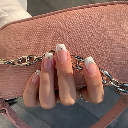 JUSTOTRY 24 Pcs Short False Nails Square,White French Press on Nails Pattern, Pretty Milky Fake Nails Short with Nail Glue, Stick on Nails for Wo