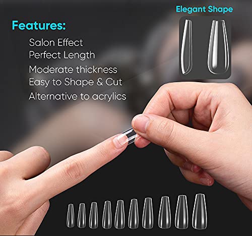 Husnshud False Nails - Set of 100 Full Cover Length Clear Nail Tips - Ballerina Fake Nails with File