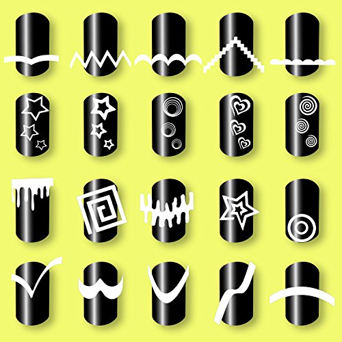1275 pieces, 49 nail art designs, stencils, French tip guides, stickers, form fringe guides, vinyl, 36 sheets