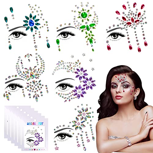 Face Gems Glitter 6PCS Festival Face Stickers Self-Adhesive Face Jewels Crystal Rhinestone Temporary Tattoo for Face Eyes Body Rave Festival Part