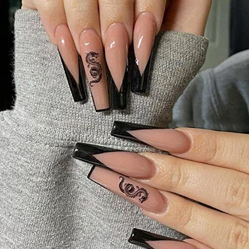 JUSTOTRY 24 Pcs Diamante Fake Nails Long, Nude French Press on Nails Patterns, Ballerina Stick on Nails for Women, Acrylic Medium Coffin False Na